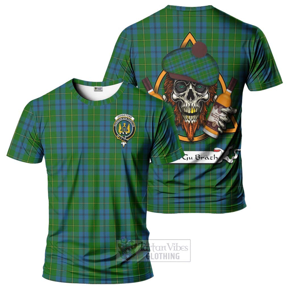 Tartan Vibes Clothing Johnstone (Johnston) Tartan T-Shirt with Family Crest and Bearded Skull Holding Bottles of Whiskey