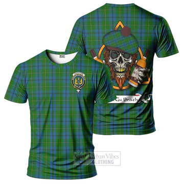 Johnstone (Johnston) Tartan T-Shirt with Family Crest and Bearded Skull Holding Bottles of Whiskey