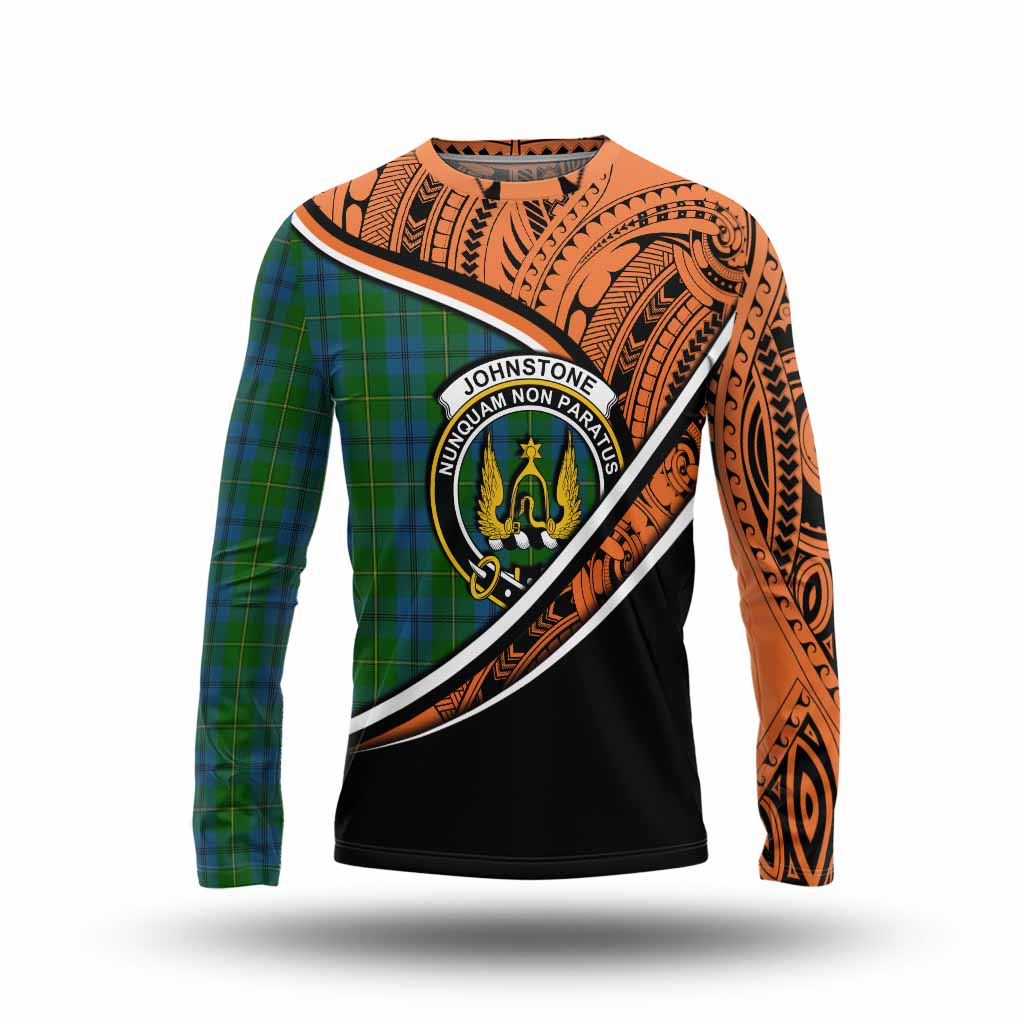 Tartan Vibes Clothing Johnstone (Johnston) Crest Tartan Long Sleeve T-Shirt with Maori Tattoo Style - Orange Version