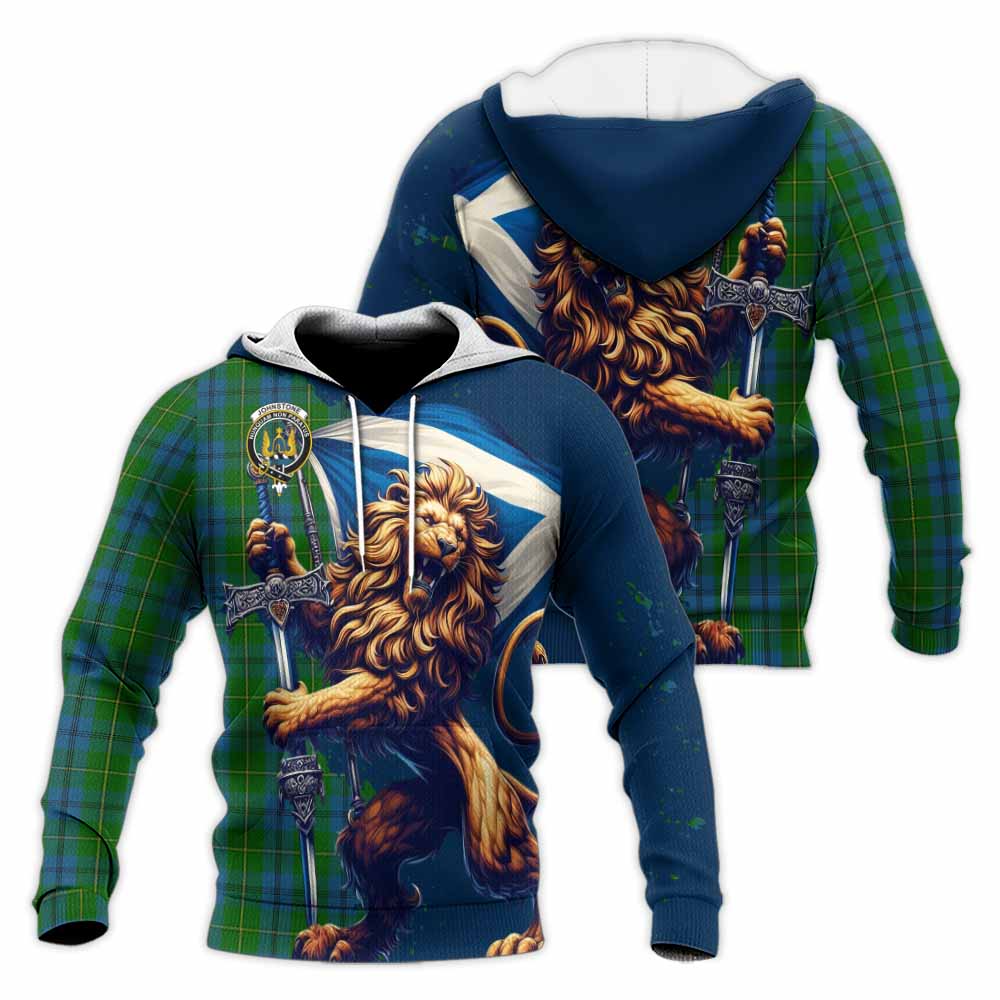 Tartan Vibes Clothing Johnstone (Johnston) Tartan Family Crest Knitted Hoodie with Scottish Majestic Lion