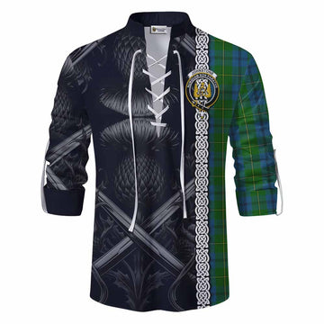 Johnstone (Johnston) Tartan Ghillie Kilt Shirt with Family Crest Cross Sword Thistle Celtic Vibes