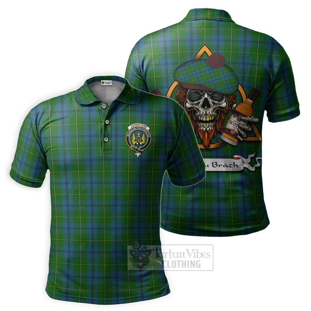 Tartan Vibes Clothing Johnstone (Johnston) Tartan Polo Shirt with Family Crest and Bearded Skull Holding Bottles of Whiskey