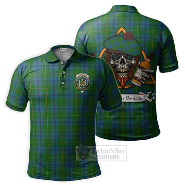 Johnstone (Johnston) Tartan Polo Shirt with Family Crest and Bearded Skull Holding Bottles of Whiskey