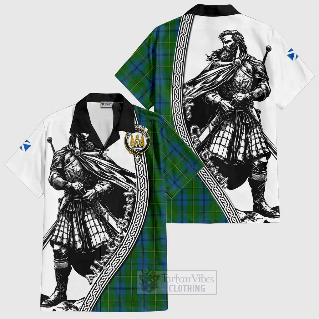 Tartan Vibes Clothing Johnstone (Johnston) Tartan Clan Crest Short Sleeve Button Shirt with Highlander Warrior Celtic Style