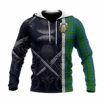 Johnstone (Johnston) Tartan Knitted Hoodie with Family Crest Cross Sword Thistle Celtic Vibes