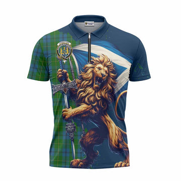 Johnstone (Johnston) Tartan Family Crest Zipper Polo Shirt with Scottish Majestic Lion