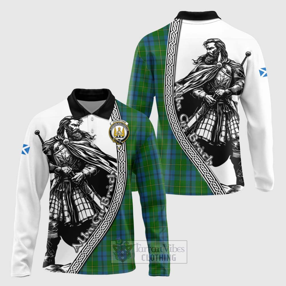 Tartan Vibes Clothing Johnstone (Johnston) Tartan Clan Crest Long Sleeve Polo Shirt with Highlander Warrior Celtic Style