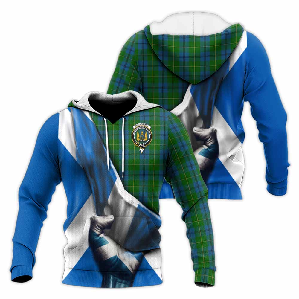 Tartan Vibes Clothing Johnstone (Johnston) Tartan Knitted Hoodie with Family Crest Scotland Patriotic Style