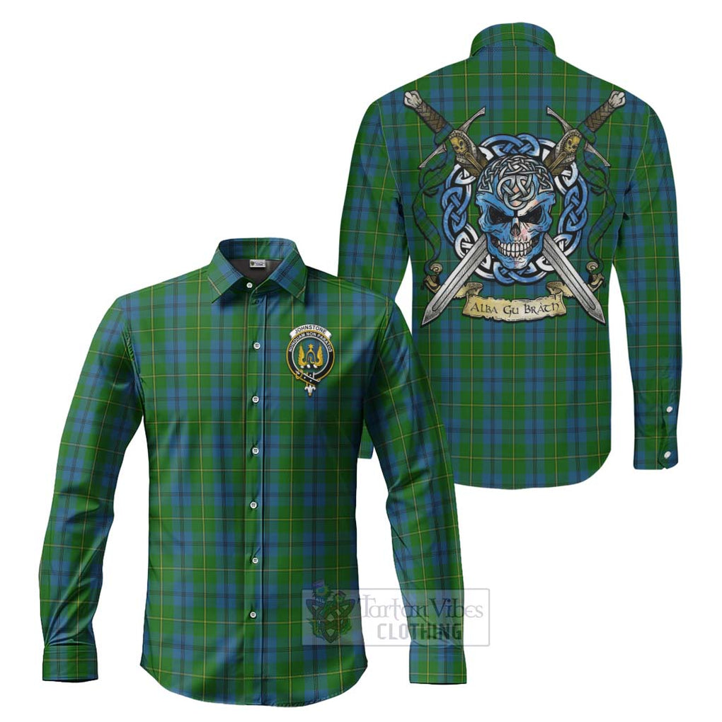 Tartan Vibes Clothing Johnstone (Johnston) Tartan Long Sleeve Button Shirt with Family Crest Celtic Skull Style