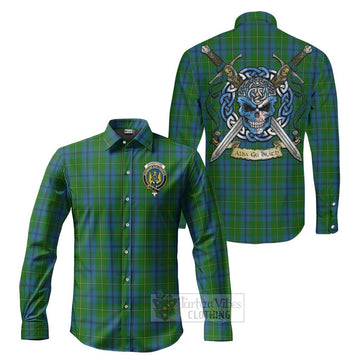 Johnstone (Johnston) Tartan Long Sleeve Button Shirt with Family Crest Celtic Skull Style