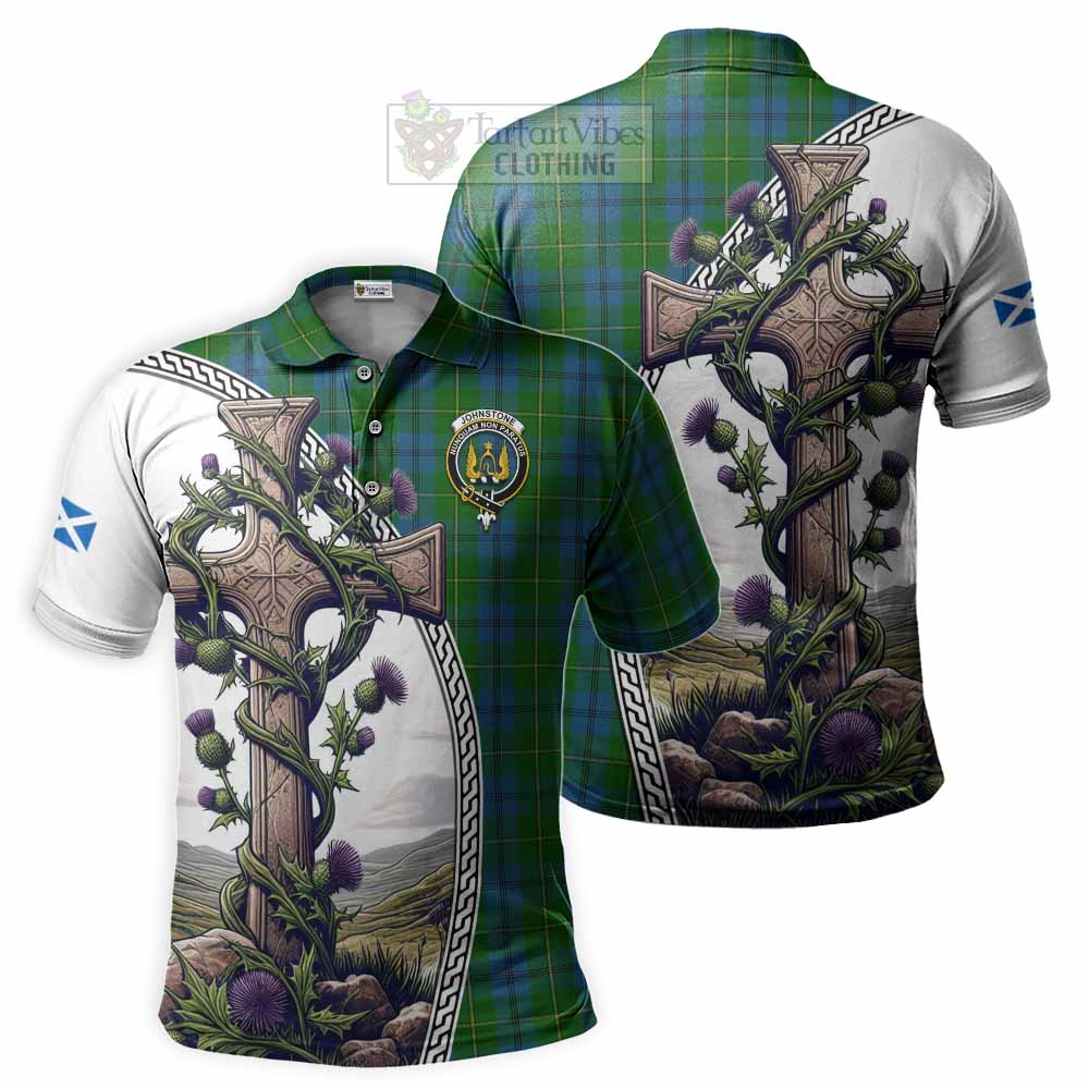 Tartan Vibes Clothing Johnstone (Johnston) Tartan Polo Shirt with Family Crest and St. Andrew's Cross Accented by Thistle Vines