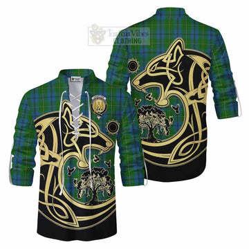 Johnstone (Johnston) Tartan Ghillie Kilt Shirt with Family Crest Celtic Wolf Style