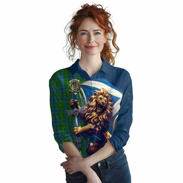 Johnstone (Johnston) Tartan Family Crest Women's Casual Shirt with Scottish Majestic Lion