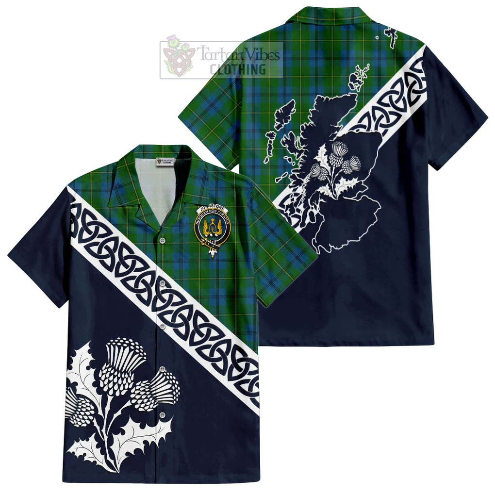 Tartan Vibes Clothing Johnstone (Johnston) Tartan Short Sleeve Button Shirt Featuring Thistle and Scotland Map