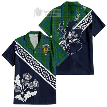 Johnstone (Johnston) Tartan Short Sleeve Button Shirt Featuring Thistle and Scotland Map