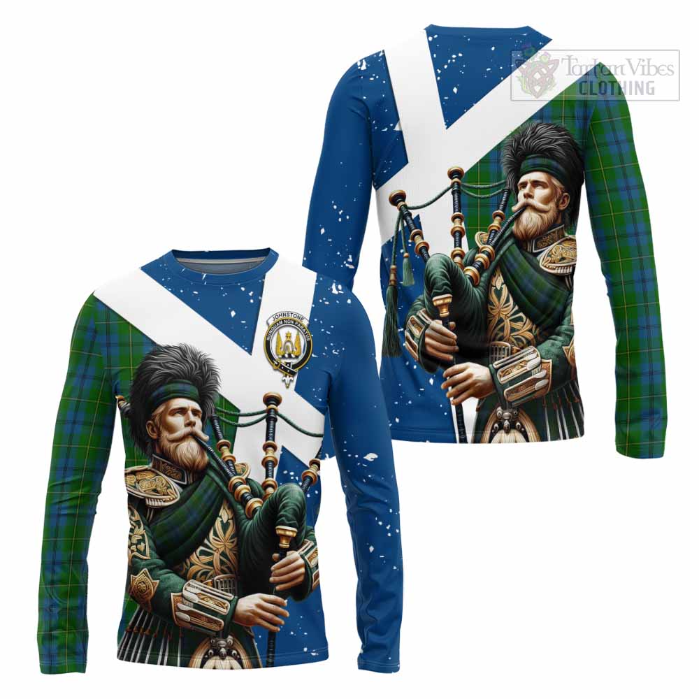 Tartan Vibes Clothing Johnstone (Johnston) Tartan Long Sleeve T-Shirt with Family Crest Scottish Bagpiper Vibes