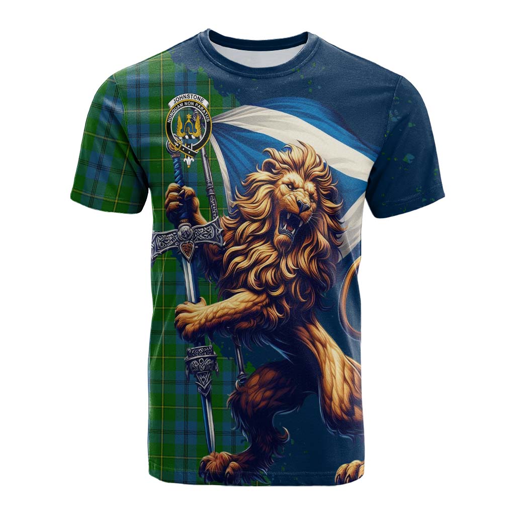 Tartan Vibes Clothing Johnstone (Johnston) Tartan Family Crest Cotton T-shirt with Scottish Majestic Lion