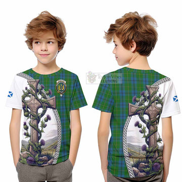 Johnstone (Johnston) Tartan Kid T-Shirt with Family Crest and St. Andrew's Cross Accented by Thistle Vines