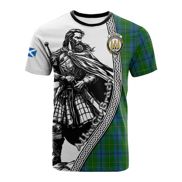 Johnstone (Johnston) Tartan Clan Crest Cotton T-shirt with Highlander Warrior Celtic Style