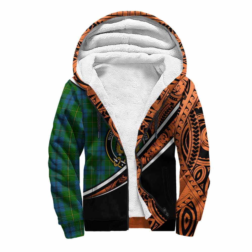 Tartan Vibes Clothing Johnstone (Johnston) Crest Tartan Sherpa Hoodie with Maori Tattoo Style - Orange Version