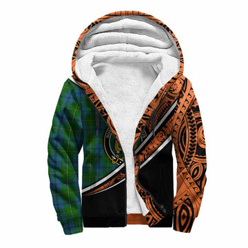 Johnstone (Johnston) Crest Tartan Sherpa Hoodie with Polynesian Vibes Style - Orange Version