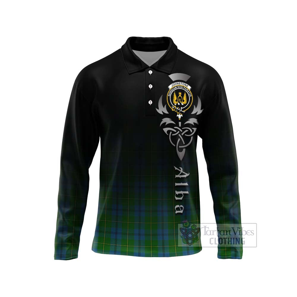 Tartan Vibes Clothing Johnstone (Johnston) Tartan Long Sleeve Polo Shirt Featuring Alba Gu Brath Family Crest Celtic Inspired