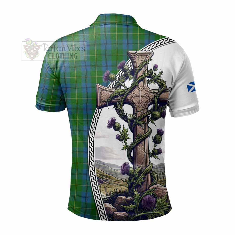 Tartan Vibes Clothing Johnstone (Johnston) Tartan Polo Shirt with Family Crest and St. Andrew's Cross Accented by Thistle Vines