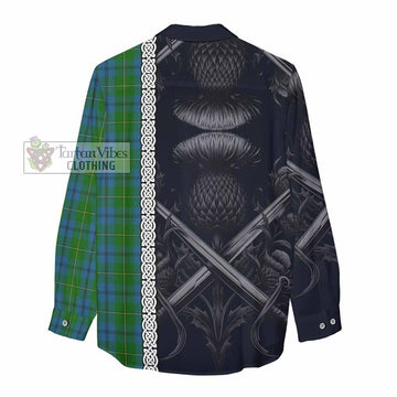 Johnstone (Johnston) Tartan Women's Casual Shirt with Family Crest Cross Sword Thistle Celtic Vibes