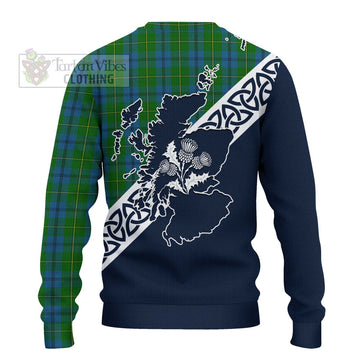 Johnstone (Johnston) Tartan Ugly Sweater Featuring Thistle and Scotland Map