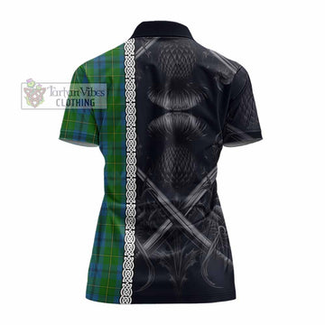 Johnstone (Johnston) Tartan Women's Polo Shirt with Family Crest Cross Sword Thistle Celtic Vibes