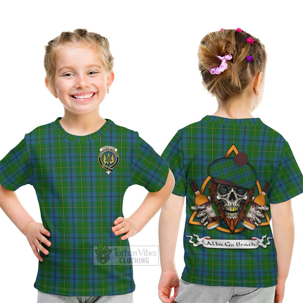 Tartan Vibes Clothing Johnstone (Johnston) Tartan Kid T-Shirt with Family Crest and Bearded Skull Holding Bottles of Whiskey