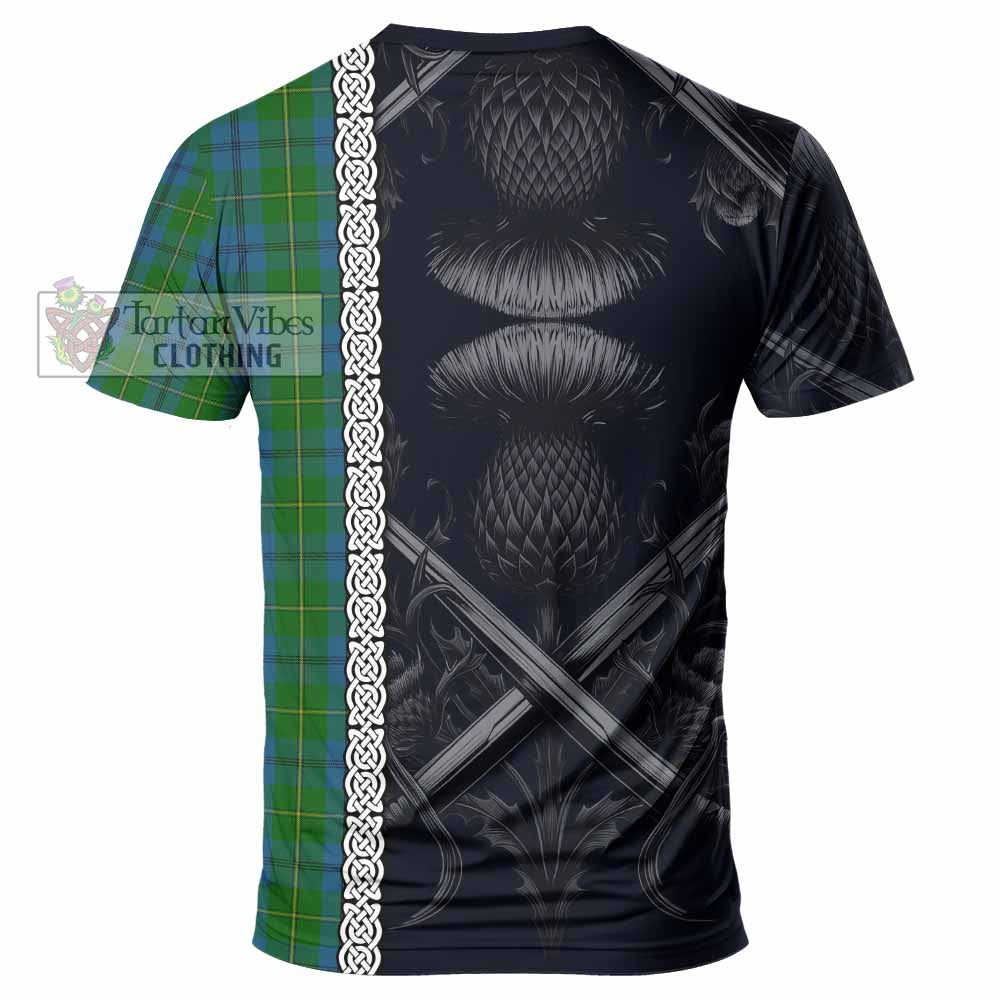 Tartan Vibes Clothing Johnstone (Johnston) Tartan T-Shirt with Family Crest Cross Sword Thistle Celtic Vibes