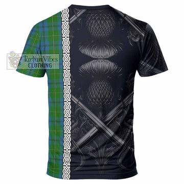 Johnstone (Johnston) Tartan T-Shirt with Family Crest Cross Sword Thistle Celtic Vibes