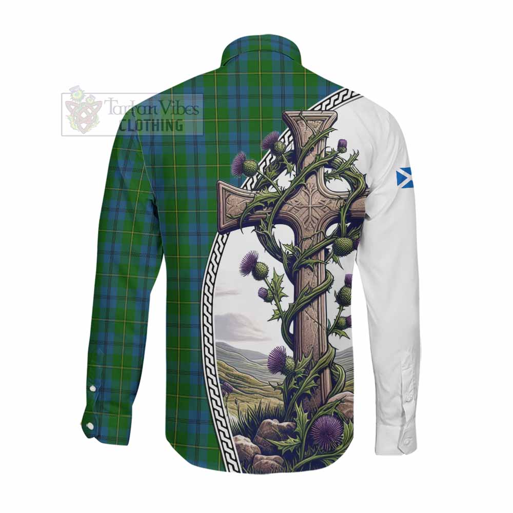 Tartan Vibes Clothing Johnstone (Johnston) Tartan Long Sleeve Button Shirt with Family Crest and St. Andrew's Cross Accented by Thistle Vines