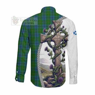 Johnstone (Johnston) Tartan Long Sleeve Button Shirt with Family Crest and St. Andrew's Cross Accented by Thistle Vines