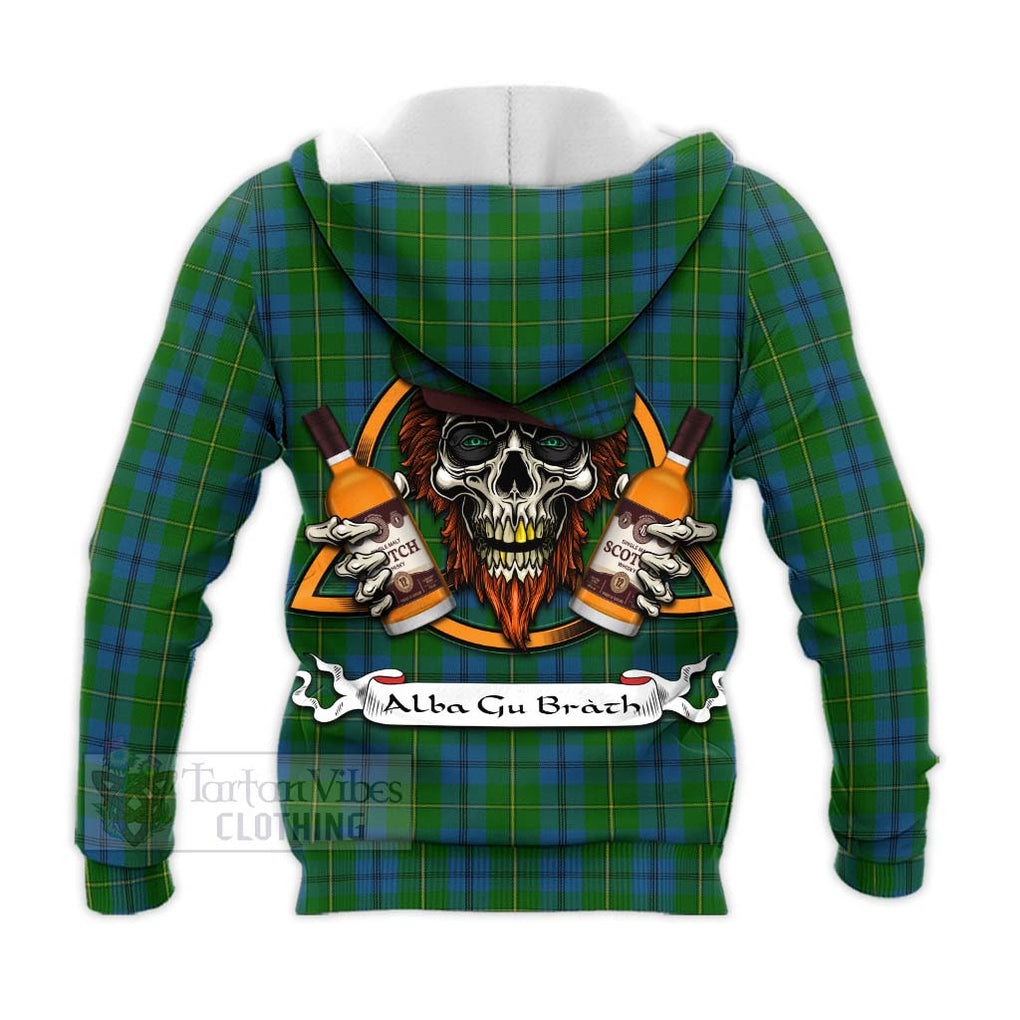 Tartan Vibes Clothing Johnstone (Johnston) Tartan Knitted Hoodie with Family Crest and Bearded Skull Holding Bottles of Whiskey