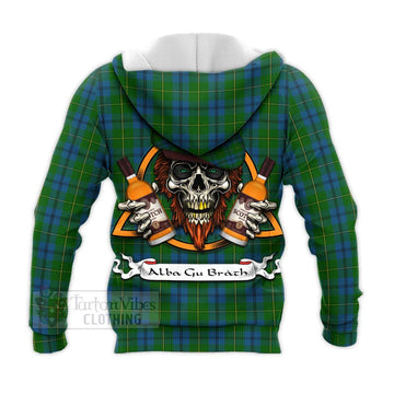 Johnstone (Johnston) Tartan Knitted Hoodie with Family Crest and Bearded Skull Holding Bottles of Whiskey