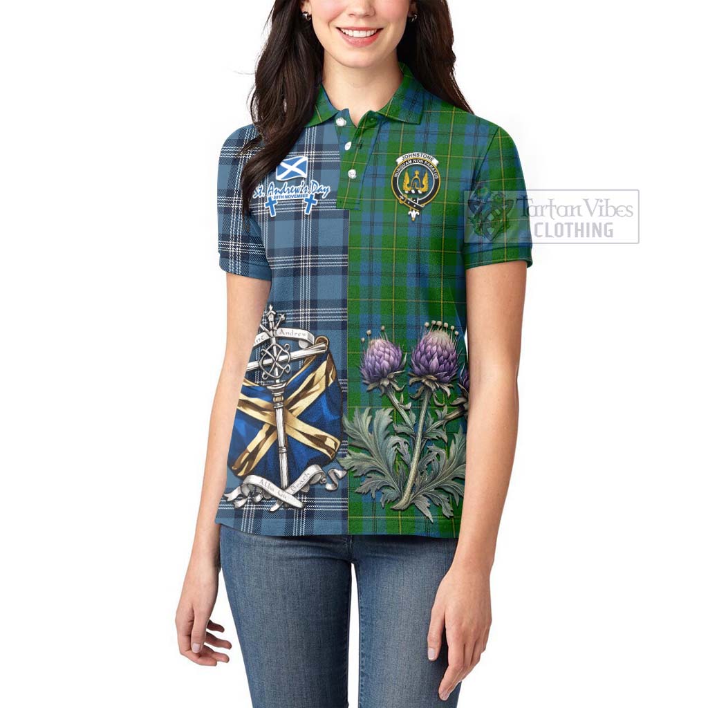 Tartan Vibes Clothing Johnstone (Johnston) Tartan Women's Polo Shirt Happy St. Andrew's Day Half Tartan Style