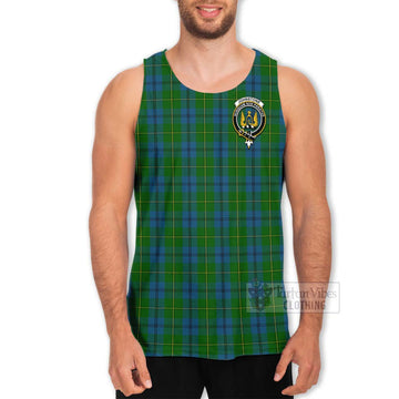 Johnstone (Johnston) Tartan Men's Tank Top with Family Crest and Bearded Skull Holding Bottles of Whiskey