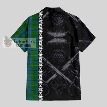 Johnstone (Johnston) Tartan Short Sleeve Button Shirt with Family Crest Cross Sword Thistle Celtic Vibes