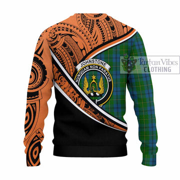 Johnstone (Johnston) Crest Tartan Knitted Sweater with Polynesian Vibes Style - Orange Version