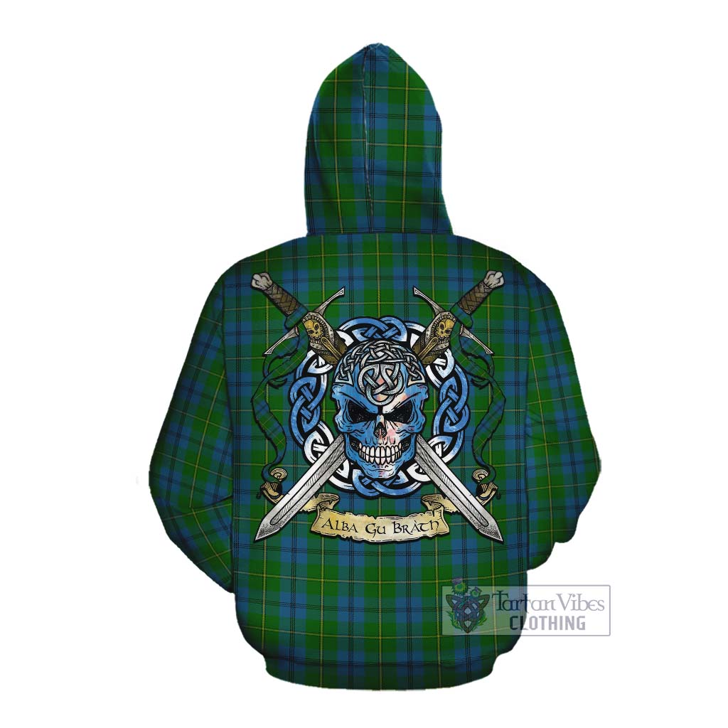 Tartan Vibes Clothing Johnstone (Johnston) Tartan Cotton Hoodie with Family Crest Celtic Skull Style