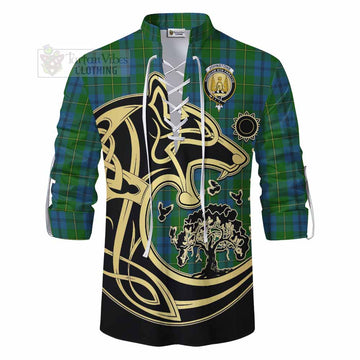 Johnstone (Johnston) Tartan Ghillie Kilt Shirt with Family Crest Celtic Wolf Style