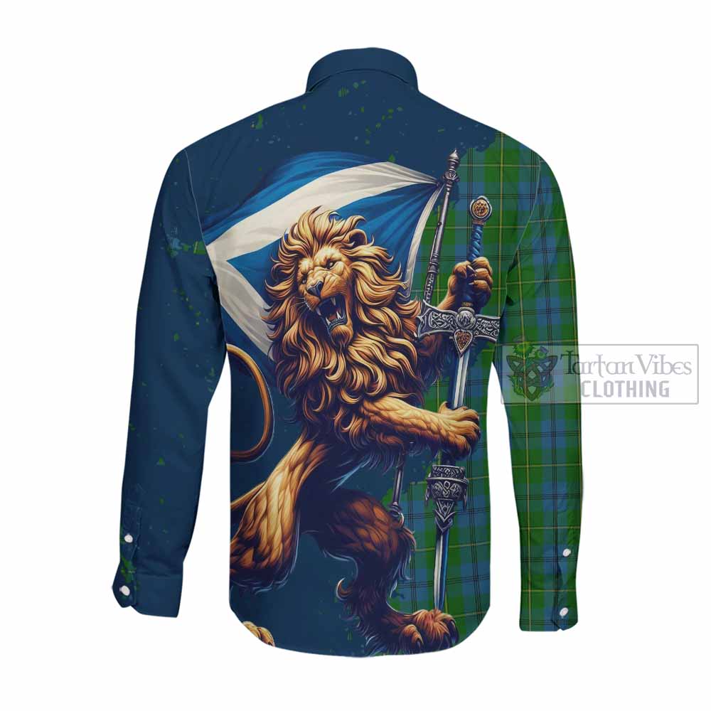 Tartan Vibes Clothing Johnstone (Johnston) Tartan Family Crest Long Sleeve Button Shirt with Scottish Majestic Lion