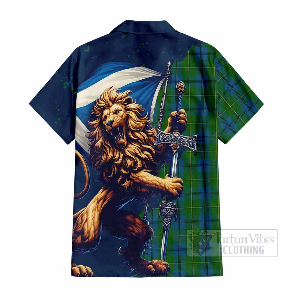 Tartan Vibes Clothing Johnstone (Johnston) Tartan Family Crest Short Sleeve Button Shirt with Scottish Majestic Lion