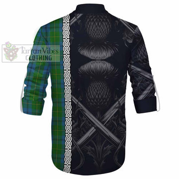 Johnstone (Johnston) Tartan Ghillie Kilt Shirt with Family Crest Cross Sword Thistle Celtic Vibes