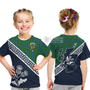 Johnstone (Johnston) Tartan Kid T-Shirt Featuring Thistle and Scotland Map