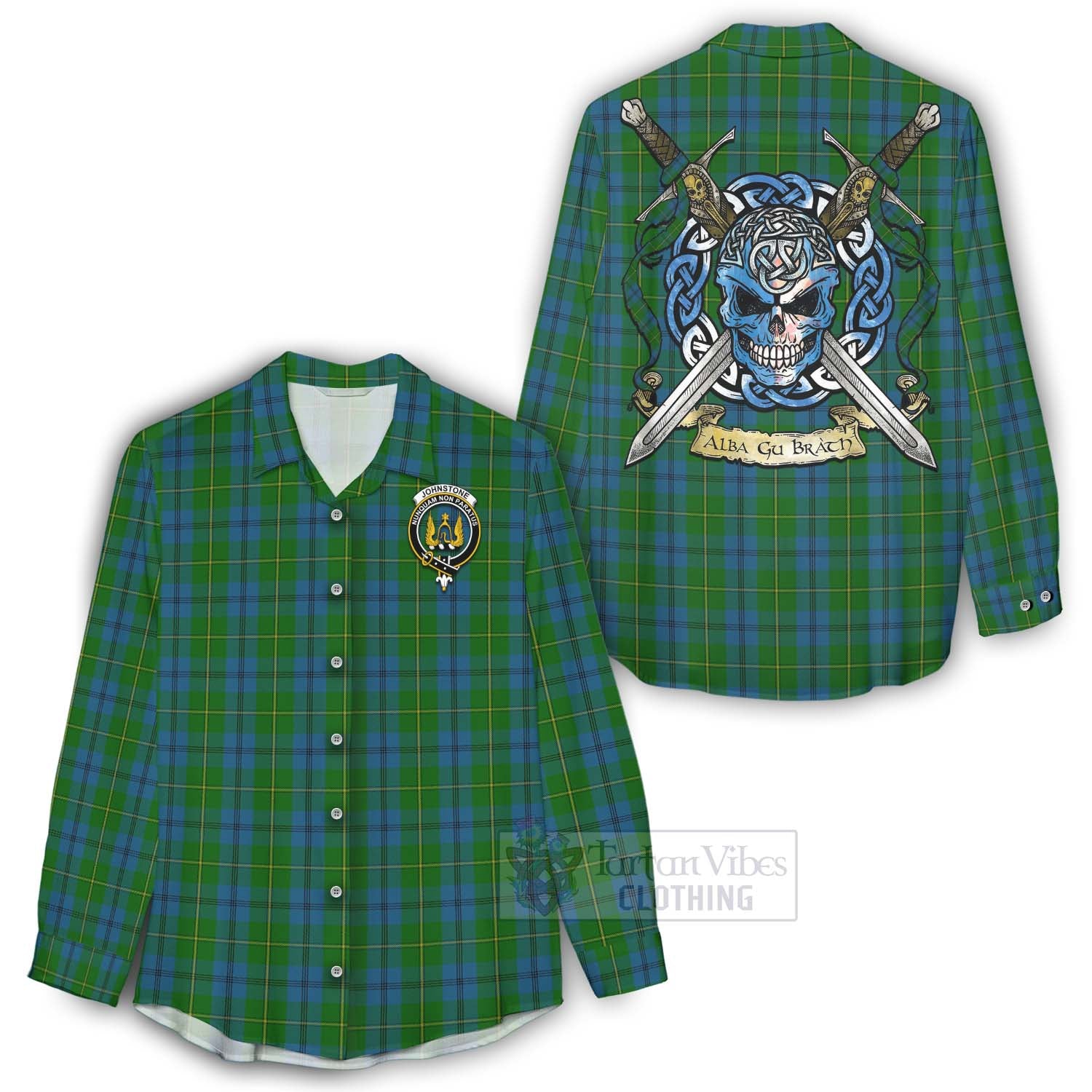 Tartan Vibes Clothing Johnstone (Johnston) Tartan Women's Casual Shirt with Family Crest Celtic Skull Style