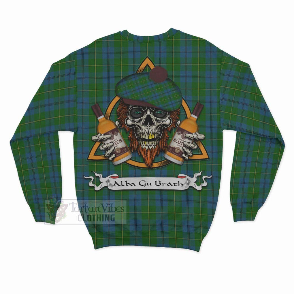 Tartan Vibes Clothing Johnstone (Johnston) Tartan Sweatshirt with Family Crest and Bearded Skull Holding Bottles of Whiskey