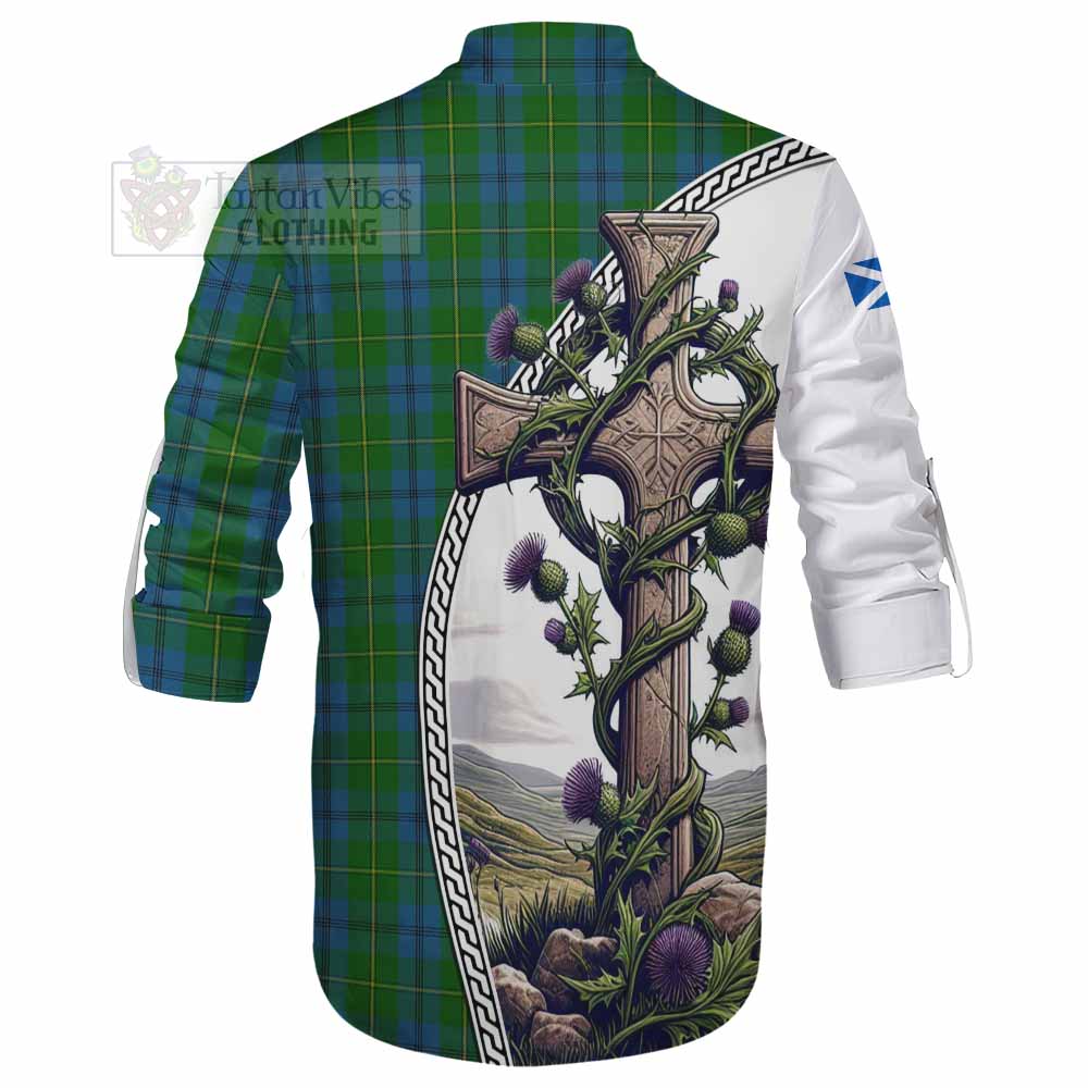 Tartan Vibes Clothing Johnstone (Johnston) Tartan Ghillie Kilt Shirt with Family Crest and St. Andrew's Cross Accented by Thistle Vines